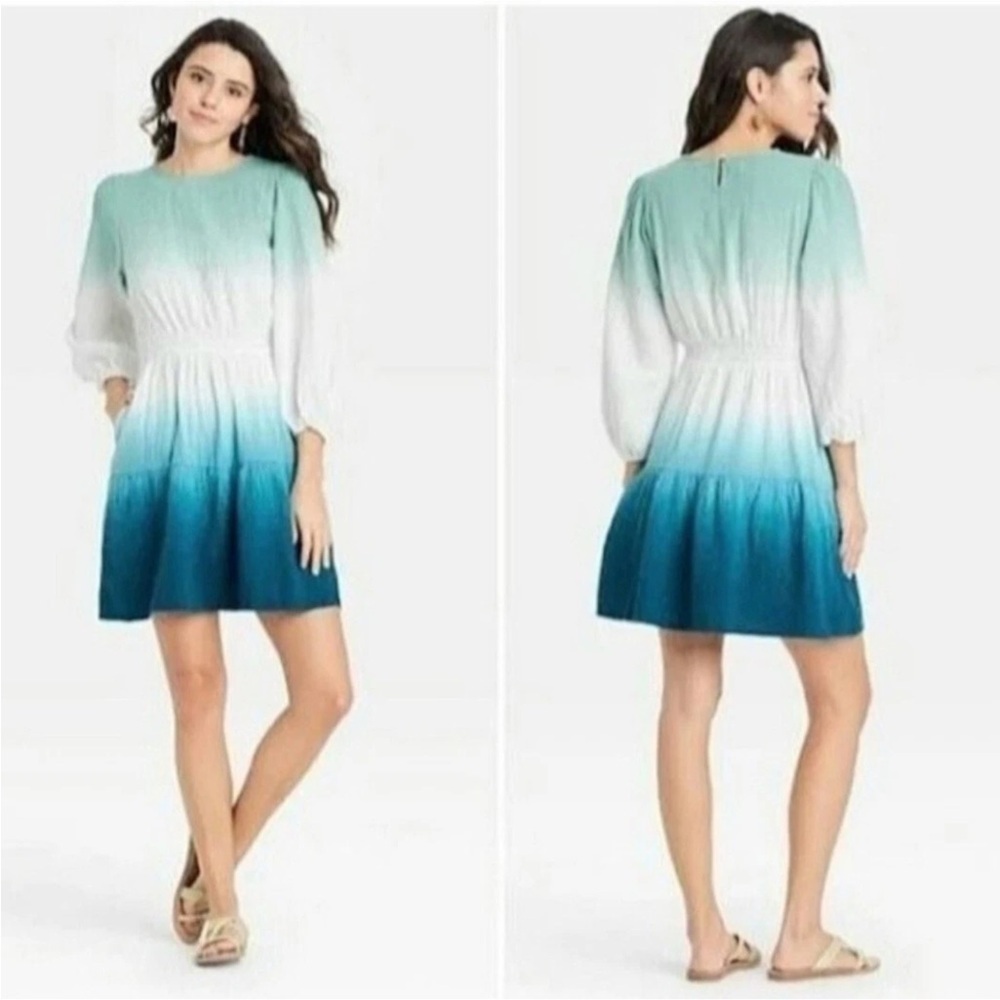 Universal Thread Ling Sleeve Ombré Gauze Elastic Waist Mini Dress in Size Large
